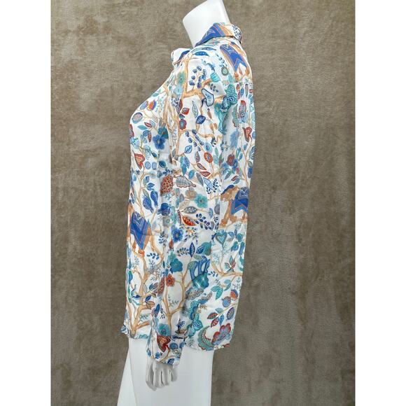 J McLaughlin Top Womens Small Lois Silk Button Up Sucre Blossom Floral Elephants - Picture 4 of 11